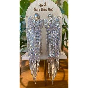 Rhinestone Large Fringe Tassel Costume Silver Tone Stud Earrings